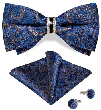 DiBanGu Herren Formelle vorgebundene Fliege, Marineblau Paisley Fliege mit Ring Einstecktuch Manschettenknöpfe für Smoking Hochzeit