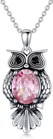LONAGO Collana con gufo, in argento sterling 925, 6 mm x 8 mm, taglio ovale, pietra portafortuna, vintage, gufo, collana da donna, Argento sterling, tormalina rosa