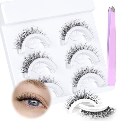JIMIRE Self-Adhesive Eyelashes with Clear Band No Glue Needed Cat Eye Mink Lashes Fluffy 15MM Natural Look Like Lash Extensions Reusable Demi- Wispy Press On Lashes with Tweezers 3 Pairs Pack