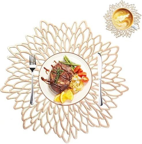 MI CASA Placemats and Coaster Set of 6, Gold Round Table Placemats Dining Table Mats Heat Resistant Anti-slip and Washable Place Mats for Christmas, Wedding, Dinner Parties, Restaurant, Hotel