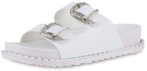 VAN HILL Damen Pantoletten Flach Schnallen Trendy Schuhe 214833 Weiss Nieten 36
