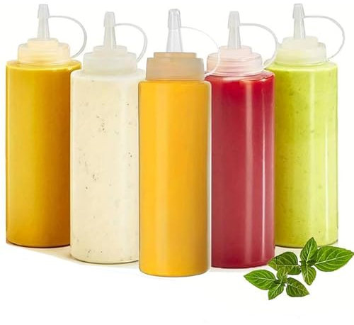 KHstylehoo 5 Stück Squeeze Flasche, 360ml Quetschflasche, 12oz Mit Kappe Dosierflasche, Saucenflasche, Spritzflasche, Squeeze Flasche für Gewürze, Ketchup, Senf, Mayo, Olivenöl, Klar, Malen