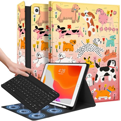 Wazzasoft Schutzhülle für iPad 9./8./7./Air 3. Generation/Pro 10,5 Zoll (26,7 cm), Tastatur, Stifthalter, Folio-Tablet-Hülle, Damen, Mädchen, niedliches Mädchen, Teenager, Kawaii-Hunde, einzigartiges