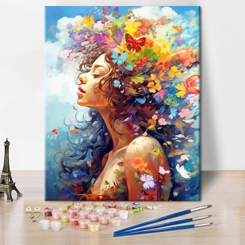 TISHIRON Malen nach Zahlen Kit für Erwachsene Frau mit Schmetterlingen Erwachsene Malen nach Zahlen mit Pinseln Blumenmalerei Ölfarben Malen nach Zahlen DIY Acrylmalerei Kunsthandwerk für Zuhause