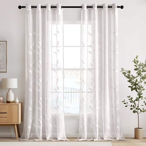 EMEMA Voile Vorhang Wohnzimmer mit Ösen Transparente Blätter Muster Schöne Stickerei Gardinen Fenster Vorhang 2er Set Modern Schlafzimmer Vorhänge Jeder H 245 X B 140 cm Blätter Weiß