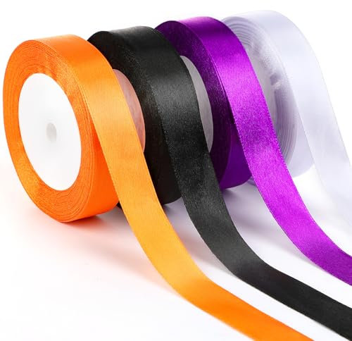 Augshy Halloween Satinband, 4 Rollen Orange Schwarz Lila Weiß Geschenkband Schleifenband Feiertagsband für Geschenkverpackung, Blumensträuße, DIY-Handwerk, Halloween Deko (20mm)