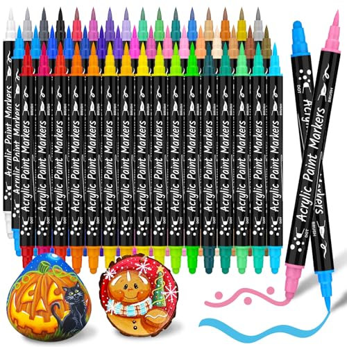 AOSUCO Acrylic Paint Pens 48 Colours Dual Tip Acrylic Pens for Rock Painting, Wood, Pebbles, Glass, Ceramic, Stones, Fabric, Canvas, Craft, Waterproof Brush Pens, Acrylic Marker Pens Set
