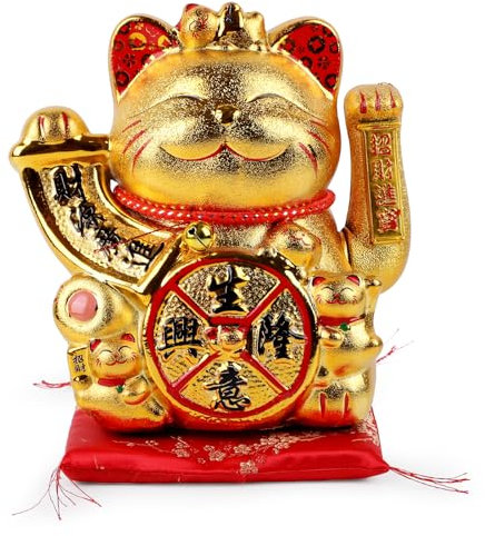Xiholeruf 19,8 cm goldene Glückskatze, Keramik, chinesische winkende Katze, chinesische Glückskatze Feng Shui Dekor, Glücksgeld, Katze, Glückskatze, Dekoration für Firmenbüro, Geschäfte, Restaurants,