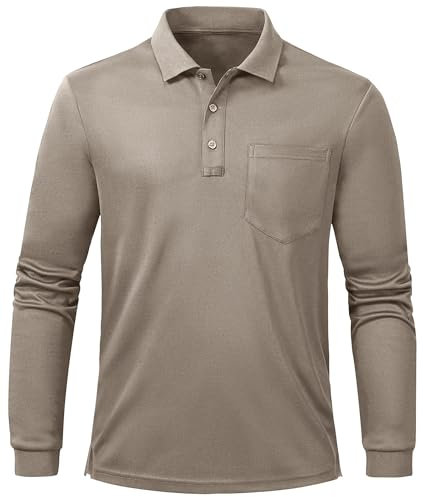 Tyhengta Polo Tops Herren Langärmelige Golfhemden Schnell Trocknendes Outdoor Polo T-Shirt Lässige Sport Rugby Polo Shirts Khaki,XL