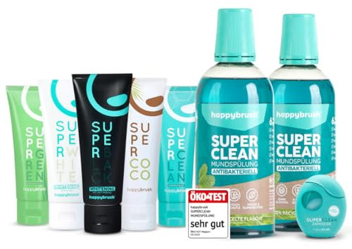 happybrush Rundum Frisch-Paket Set (8-Teilig) 2x ÖKO-Testsieger Superclean Mundspülung, 1x Zahnseide & 5x Zahnpasta u.a. Kokos, SuperWhite, SuperBlack á 75ml für ein hygienisches Gefühl