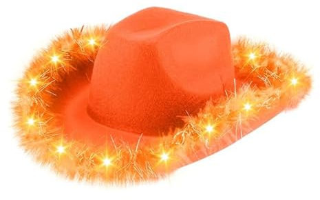 SLXLYH Leuchthut, Westernhut, blinkender Hut, Musik-Festival-Hut, verstellbare pelzige Krempen, blinkender Hut, Nachtclub-Kopfbedeckung, Orange, S-4XL