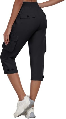 MoFiz Pantacourt Randonnée Femme avec Poches Pantacourt Femme été Léger Pantalon Cargo 3/4 Respirant et Séchage Rapide pour Outdoor Sport Noir M