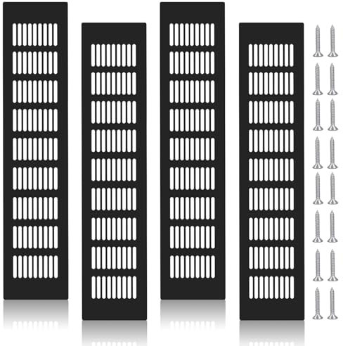 Lüftungsgitter Schwarz, 4 Stück Belüftungsgitter 80mmx400mm Aluminium Abluftgitter Eckig Türlüftungsgitter mit Schrauben fur Belüftung von Schränke und Schlafzimmern Möbelgitter