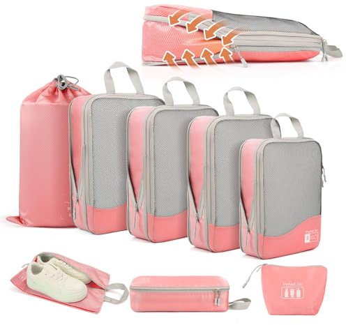 VnioLife 8 × Koffer Organizer Kompression, Compression Packing Cubes, Packwürfel Kompression, Packtasche Wasserdichte, Packing Cubes Backpack, Reise Organizer Set (Rose)
