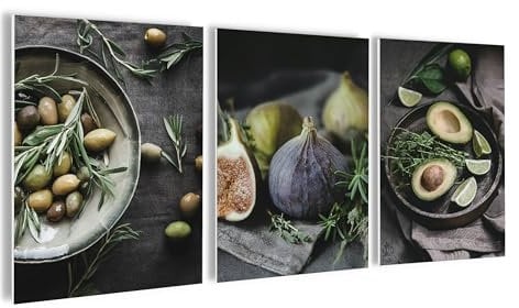 artissimo, Bilderset 3er-Set, PE6754-DS, 3 Bilder 30x40cm, moderne Bilderwand, Wandbilder-Set Küche, Küchendeko modern, Küchenbilder industrial style, grün, Essen, Soulfood