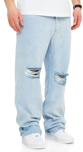 behype. Herren Jeans Ripped Loose-Fit Jeanshose 100% Baumwolle Denim Baggy Hose Straight-Leg Used Look Men's