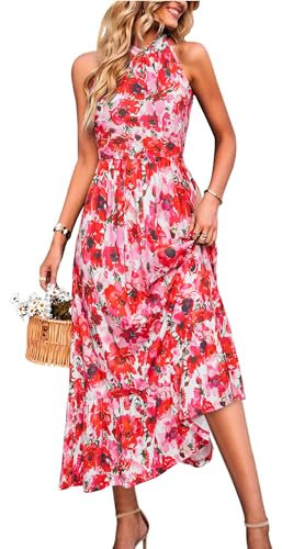 STYLEOWRD 2025 Sommerkleid Damen Lang Sommer Blumen Neckholder Maxikleid mit Tasche(Rot Rosa Floral,L)