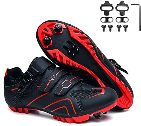 Surwin Fahrradschuhe Herren Damen, Nylonschnalle Atmungsaktive MTB Schuhe Herren rutschfest Fahrradschuhe, MTB Schuhe Sports & Outdoor Shoes mit 2 Anti-Rutsch-Spikes (Rot,44)