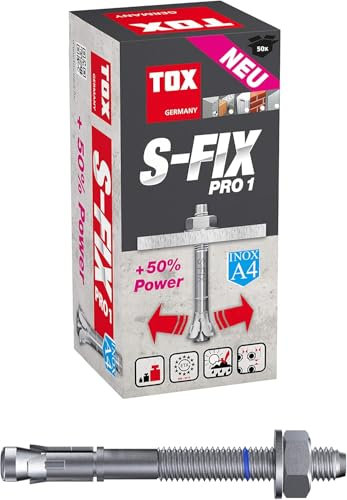 TOX BolzenankerM S-Fix Pro 1 A4 M8x90/25, Schwerlastanker für gerissenen und ungerissenen Beton, im Innen- und Außenbereich geeignet durch Edelstahl-Ausführung, 50 Stück im Karton, 040171081