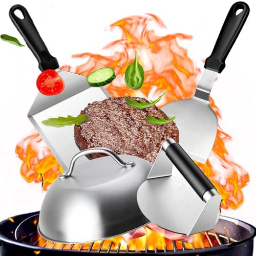 TOOHAO Smash Burger Kit Acciaio Inox, Set Barbecue Professionale con Pressa Hamburger, Spatola Extra Larga, Spatole Burger, Cloche Hamburger, per Teppanyaki Barbecue BBQ Patty, Regalo per Uomini
