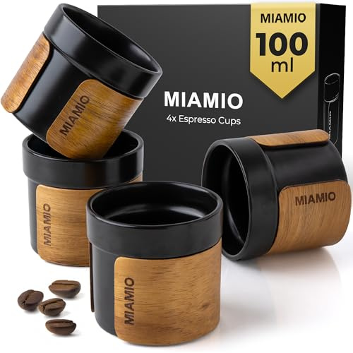 MIAMIO – Set de Tasses à Espresso de 4 (100 ml) Tasses de Thé Japonais en Céramique/Tasses Sans Poignée avec Manchon en Bois Amovible/Tasses à Café Sans Poignée (Noir)