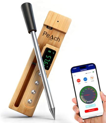 Peach Street Termometro di Carne Intelligente Wireless, Impermeabile IP68, Sonda Ultrasottile per il Monitoraggio Remoto del Barbecue Tramite Connessione Bluetooth e WiFi