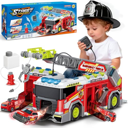deAO Fire Engine Toys Set for Kids, Fire Truck Playset with Sound & Light, Rescue Ladder, Crane, Water Spray and Interphone, City Car Toys with 6 Mini Vehicles for Toddlers Boys 3 4 5 6+ Years Old