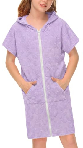 BesserBay Mädchen Kurzarm Frottee Badeponcho mit Kapuze Taschen Reißverschluss Unisex Surf Poncho Lila Zitrone 150