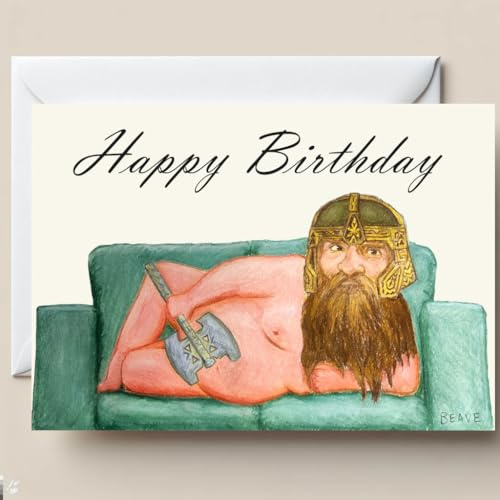 Naked Dwarf Warrior A5 Birthday Card - Scottish Artist Illustration with Bearded Axe-Wielding Icon - Funny Greetings Card for him or her