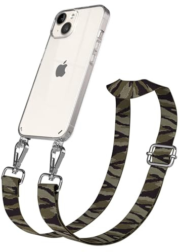 EAZY CASE Handykette - Verstellbares Taschenband kompatibel mit iPhone 14, Schulterriemen, Handykordel mit Silikon Hülle, Umhängetasche, Grün Camouflage Silber
