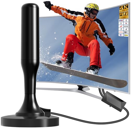 Antenne TV intérieur,Antenne TV Intérieur Puissante TNT HD 2026, Antenne TNT Intérieur Amplifiée pour Téléviseur Intelligent,4K 1080P pour Chaînes Locales Gratuites, Base Magnétique, Câble 3m
