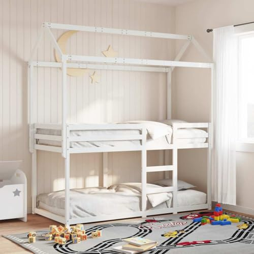 QJBSAVVA Etagenbett mit Dach 205,5x95,5x112 cm Kiefer Massivholz Weiß, Spielbett mit Leitplanken, Stauraum für 2 90x200 Matratzen, platzsparend