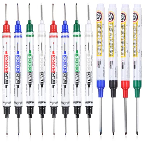 Qianyu 12pcs Long Head Deep Hole Marker Pens 20mm Dual Tip Long Nib Nose Reach Permanent Marker Waterproof Construction Carpenter Ink Marking Tool for Wood Metal Glass Concrete Steel Tile DIY Project