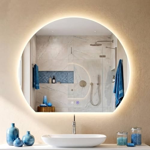 CLP Badspiegel mit LED-Beleuchtung halbrund, Badezimmerspiegel mit Touch-Dimmer, 3 Lichtfarben, beschlagfrei, rahmenloser Wandspiegel Baloni, Größe:Ø 70