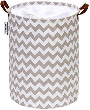 Sea Team Chevron Muster Wäschekorb Leinwand Stoff Wäschekorb Faltbarer Vorratsbehälter mit PU-Ledergriffen und Kordelzugverschluss, 17,7 x 13,8 Zoll, wasserdicht innen, grau