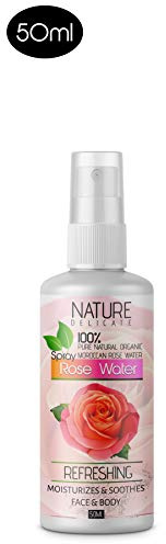 Nature Delicate 100% Organic & Natural Premium Rose Water for Face Skin & Hair Facial Toner & Moisturizer Mist Spray Alcohol Free Natural Makeup Remover Anti-Aging Soothes for Dry Skin (50ml)