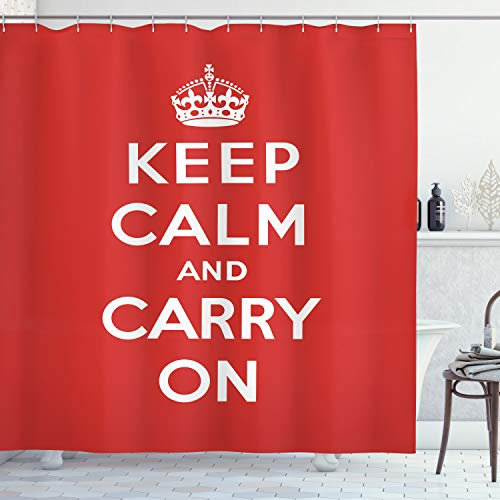 ABAKUHAUS Ruhe bewahren, ruhig bleiben Duschvorhang, Königliche UK Crown Red, Stoffliches Gewebe Badezimmerdekorationsset mit Haken, 175 x 200 cm, Weiß Rot