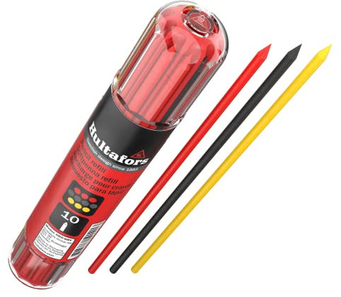 Hultafors Tieflochmarker Ersatzminenset Grau, Rot & Gelb 10 Stück I I Im praktischem Spender mit Cliphalterung I 2,8mm Universalminen für Zimmmermannsbleistift I Für diverse Oberflächen I 650120