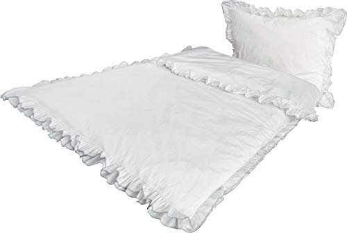 MB Warenhandel24 2-Teilige hochwertige 2 lagige Bettwäsche RÜSCHEN Perkal Weiss mit Silber abgenähten Rüschen 1x 135x200 Bettbezug + 1x 80x80 Kissenbezug
