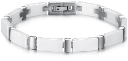 JewelryWe Schmuck Herren Damen Armband, Keramik Edelstahl, Kreuz Link Charm Armreif Partnerarmband, Weiß Silber