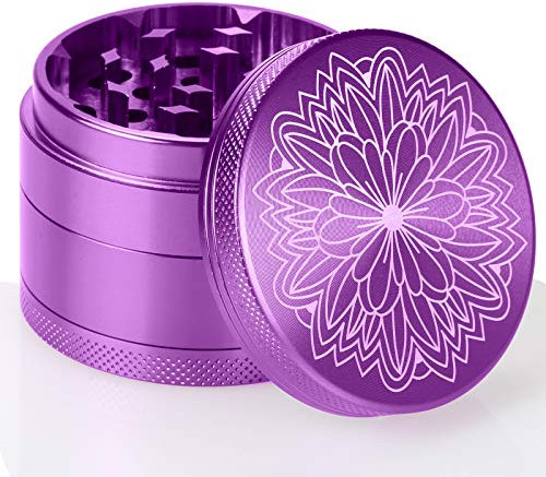 DCOU Premium Aluminium Herb Grinder 2.2 Inches 4 Piece Metal Grinder with Pollen Catcher with Laser Flower Pattern (Purple)