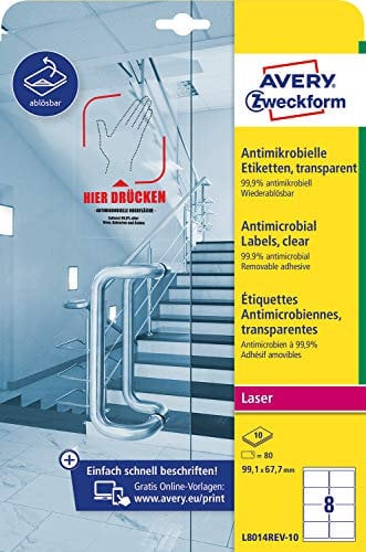 AVERY Zweckform L8014REV-10 selbstklebende Folie antibakteriell 99,1x67,7mm (entfernt 99,9% aller Bakterien, Viren, Keime, 80 Hygieneaufkleber, ablösbare Etiketten für Türgriffe, Oberflächen) 10 Blatt