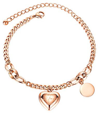 OSTAN Bracciale da donna in acciaio inox con ciondolo a forma di cuore color oro rosa, 17 cm, Acciaio inossidabile