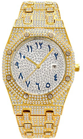 ICEDIAMOND CZ Diamant Charm Quarz Armbanduhr, vereist helle Zirkonsteine 43mm Kalender Zifferblatt Hip Hop Trend Schmuck Uhr für Männer (Gold)