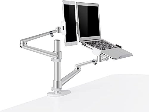 Thingy Club 2 in1 Dual Arm Tablet & Laptop Mount, Height Adjustable Desk Mount Stand for up to 7''-13'' tablet and 12-17 inch Laptop, Extra VESA Adopter up to 27'' monitor (Silver)