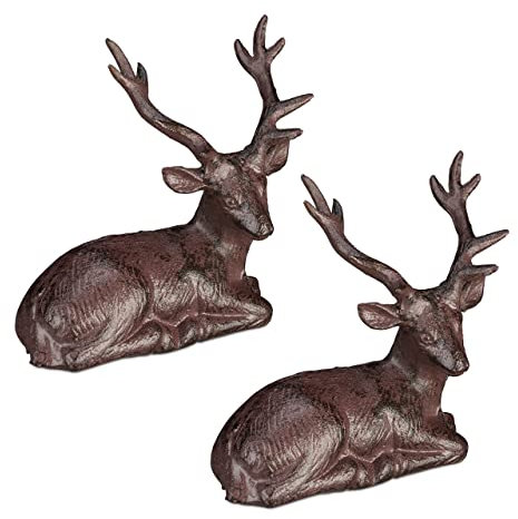 2 x Hirsch Figur, sitzender Deko Hirsch, antik & rustikal, wetterfest, Garten, Balkon, Gusseisen, REH Figur, braun