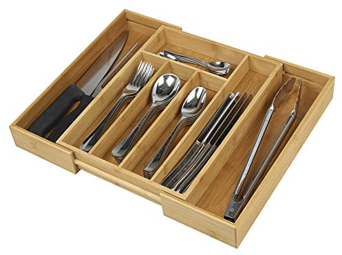 URBNLIVING Wooden Bamboo Expandable Cutlery Tray, Kitchen Drawer Insert Box Storage Organiser, 5/7 Compartments (7 Compartments (Expandable))