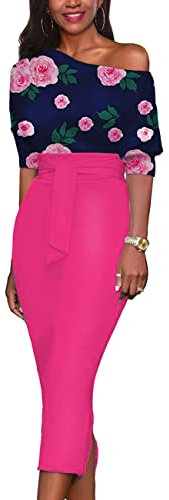 LILYIN Damen Midi-Bleistiftkleid mit Blumenmuster, schulterfrei, mit Gürtel, rose pink, Mittel