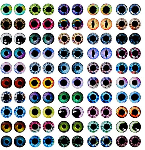 MWOOT 100 Piezas 12MM Juguete Ojos de Vidrio, Colores Glass Cabochon Eyes,Dragon Eyes, 50 Estilo Conejo Gato Dragón Búho Pájaro Humano Ojos para DIY Pascua Ojos Manualidades Muñeca Joyas Decor