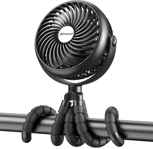 AMACOOL Ventilador para cochecito de bebé, recargable de 5000 mAh, 3 velocidades, fuerte pero silencioso, rotación de 360°, ventilador portátil con clip para viajes, asiento de coche, cuna, bicicleta